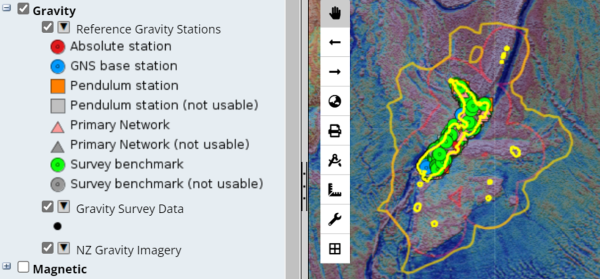 Image showing the pull-down menu navigation on E Tūhura for the gravity survey data