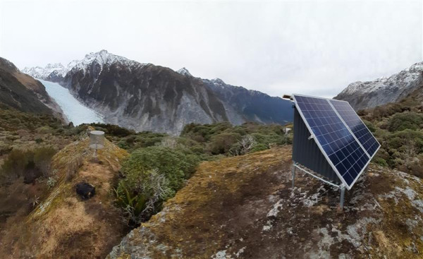 Fox Glacier with a monitoring station in the foreground. Photo credit: GNS Science