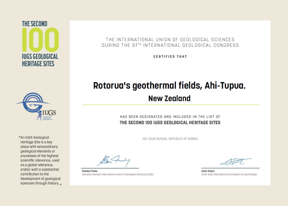 IUGS Certificate Rotoruas Geothermal Fields Ahi-Tupua