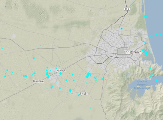 Map showing approximately 90 earthquakes recorded