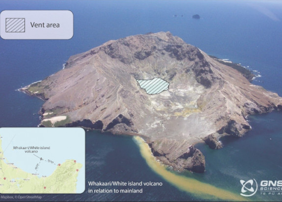 Photograph showing Whakaari/White Island with vent area marked