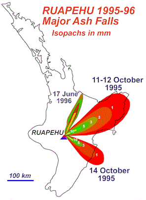 Ruapehu major ashfalls 1995 96
